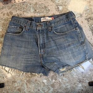 Levis 569 Loose Straight Denim Shorts Blue Medium Wash Raw Hem W32 Womens Street